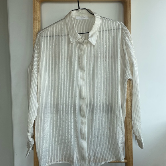Anine Bing Cream Striped Metallic Button Down Sheer Shirt - Picture 4 of 10